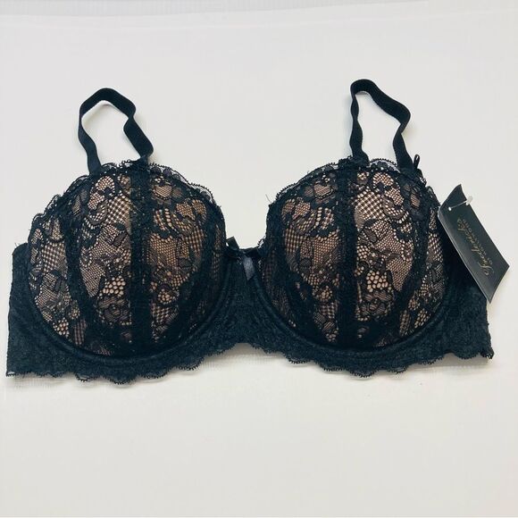 Frederick's Of Hollywood‎ Cynthia Lined Black Lace Balconette Bra Size 34DD NEW - Picture 5 of 13